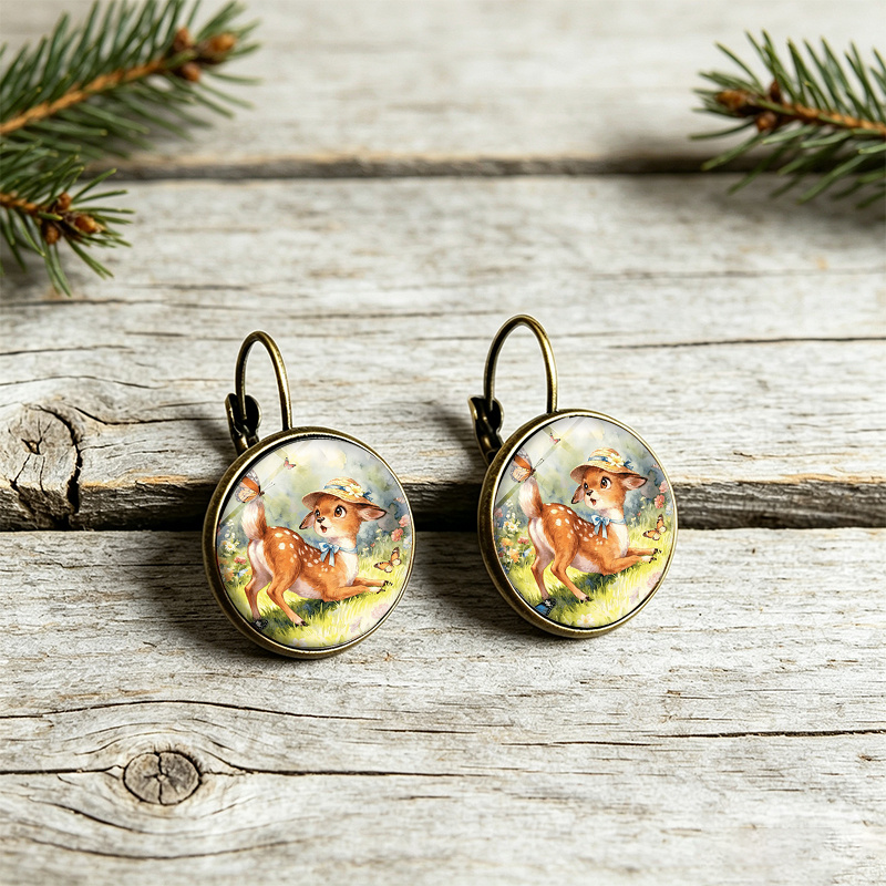3pc Spring Wildflowers Deer Round Glass Necklace & Earrings Set